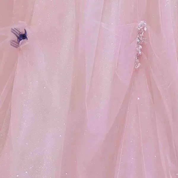 Meilleur Rougissant Rose Robe De Bal 2021 Princesse Bretelles Spaghetti Sans Manches Appliques En Dentelle Perlage Glitter Tulle Train De Balayage Volants Dos Nu Robe De Ceremonie