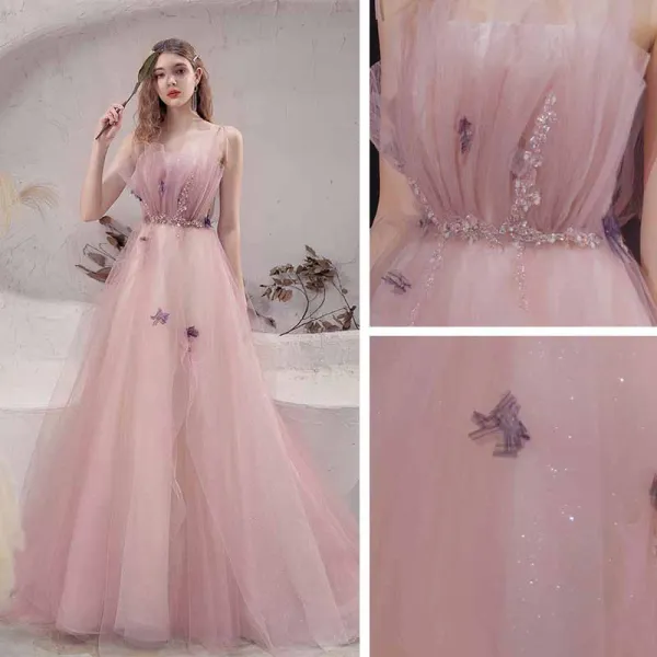 Meilleur Rougissant Rose Robe De Bal 2021 Princesse Bretelles Spaghetti Sans Manches Appliques En Dentelle Perlage Glitter Tulle Train De Balayage Volants Dos Nu Robe De Ceremonie