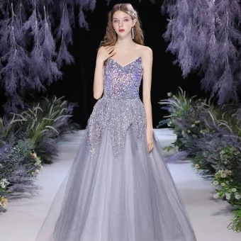 Haut De Gamme Gris Dansant Robe De Bal 2021 Princesse V Cou Sans Manches Paillettes Glitter Tulle Longue Volants Dos Nu Robe De Ceremonie