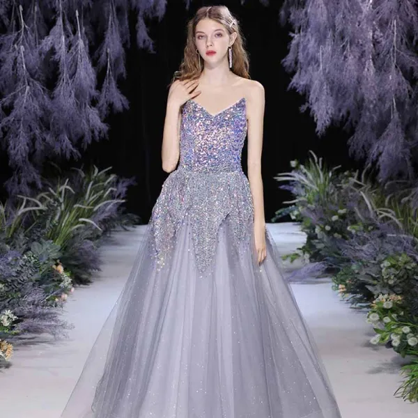 High-end Grey Dancing Prom Dresses 2021 A-Line Princess V-Neck Sleeveless Sequins Tulle High-end Grey Dancing Prom Dresses 2021 A-Line Princess V-Neck Sleeveless Sequins Tulle