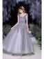 Haut de Gamme Gris Dansant Robe De Bal 2021 Princesse V-Cou Sans Manches Paillettes Glitter Tulle Longue Volants Dos Nu Robe De Ceremonie