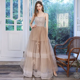 Chic Belle Marron Dansant Robe De Bal 2021 Princesse Bretelles Spaghetti Sans Manches Perlage Glitter Tulle Longue Volants En Cascade Dos Nu Robe De Ceremonie
