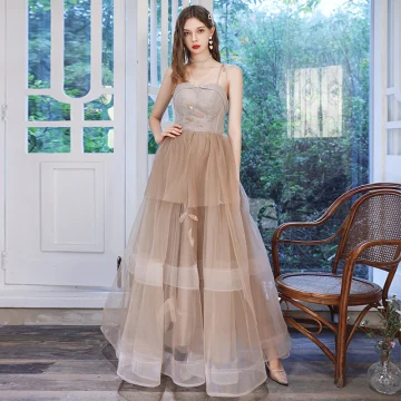 Chic Beautiful Brown Dancing Prom Dresses 2021 A Line Princess Spaghetti Straps Sleeveless Beading Glitter Tulle Floor Length Long Cascading Ruffles Backless Formal Dresses