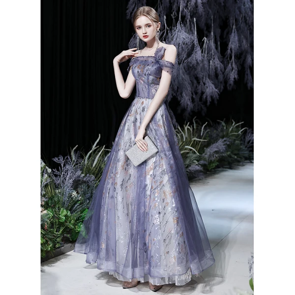 Fancy Purple Prom Dresses 2021 A-Line / Princess Off-The-Shoulder Short Sleeve Beading Glitter Printing Formal Dresses Ruffle Backless Floor-Length / Long