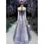 Fancy Purple Prom Dresses 2021 A-Line / Princess Off-The-Shoulder Short Sleeve Beading Glitter Printing Formal Dresses Ruffle Backless Floor-Length / Long