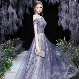 Fancy Purple Prom Dresses 2021 A Line Princess Off The Shoulder Short Sleeve Beading Glitter Printing Formal Dresses Ruffle Backless Floor Length Long