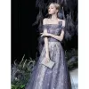 Fancy Purple Prom Dresses 2021 A-Line / Princess Off-The-Shoulder Short Sleeve Beading Glitter Printing Formal Dresses Ruffle Backless Floor-Length / Long