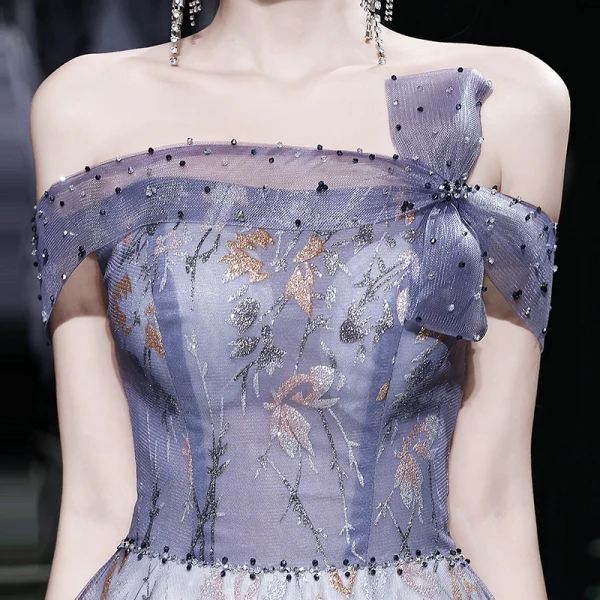 Fancy Purple Prom Dresses 2021 A-Line / Princess Off-The-Shoulder Short Sleeve Beading Glitter Printing Formal Dresses Ruffle Backless Floor-Length / Long