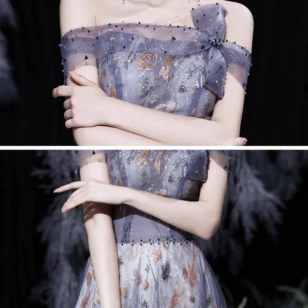 Fancy Purple Prom Dresses 2021 A-Line / Princess Off-The-Shoulder Short Sleeve Beading Glitter Printing Formal Dresses Ruffle Backless Floor-Length / Long