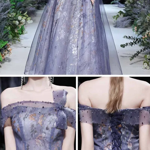 Fancy Purple Prom Dresses 2021 A-Line / Princess Off-The-Shoulder Short Sleeve Beading Glitter Printing Formal Dresses Ruffle Backless Floor-Length / Long
