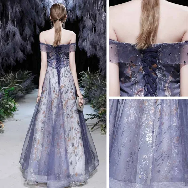 Fancy Purple Prom Dresses 2021 A-Line / Princess Off-The-Shoulder Short Sleeve Beading Glitter Printing Formal Dresses Ruffle Backless Floor-Length / Long