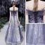Fancy Purple Prom Dresses 2021 A-Line / Princess Off-The-Shoulder Short Sleeve Beading Glitter Printing Formal Dresses Ruffle Backless Floor-Length / Long