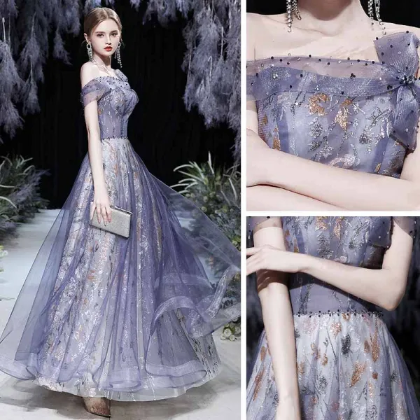 Fancy Purple Prom Dresses 2021 A-Line / Princess Off-The-Shoulder Short Sleeve Beading Glitter Printing Formal Dresses Ruffle Backless Floor-Length / Long