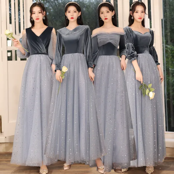 Affordable Navy Blue Bridesmaid Dresses 2021 A-Line / Princess Backless Star Sequins Sash Glitter Tulle Floor-Length / Long Ruffle