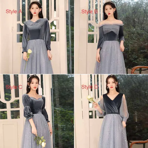 Affordable Navy Blue Bridesmaid Dresses 2021 A-Line / Princess Backless Star Sequins Sash Glitter Tulle Floor-Length / Long Ruffle