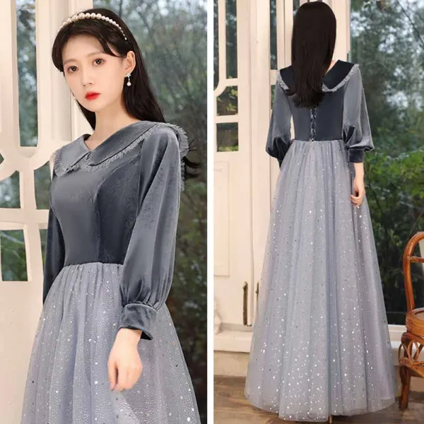 Affordable Navy Blue Bridesmaid Dresses 2021 A-Line / Princess Backless Star Sequins Sash Glitter Tulle Floor-Length / Long Ruffle