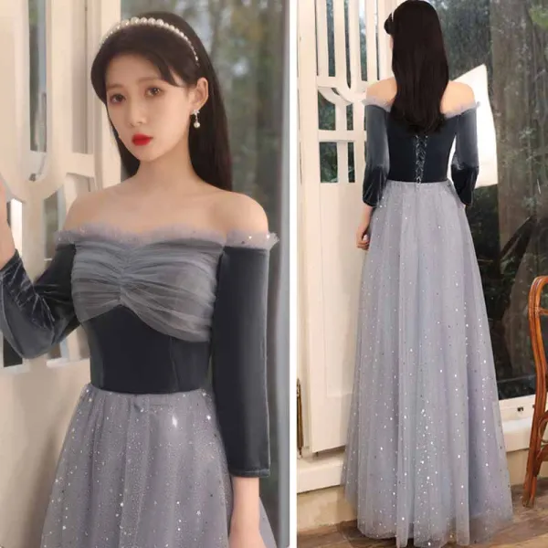 Affordable Navy Blue Bridesmaid Dresses 2021 A-Line / Princess Backless Star Sequins Sash Glitter Tulle Floor-Length / Long Ruffle