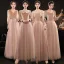 Affordable Pearl Pink Bridesmaid Dresses 2021 A-Line / Princess Backless Star Sequins Floor-Length / Long Ruffle