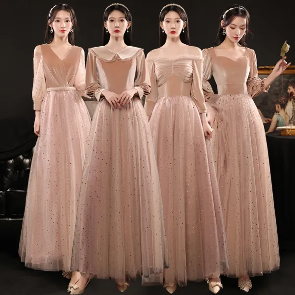 Affordable Pearl Pink Bridesmaid Dresses 2021 A-Line / Princess Backless Star Sequins Floor-Length / Long Ruffle