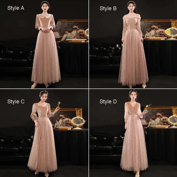 Affordable Pearl Pink Bridesmaid Dresses 2021 A-Line / Princess Backless Star Sequins Floor-Length / Long Ruffle