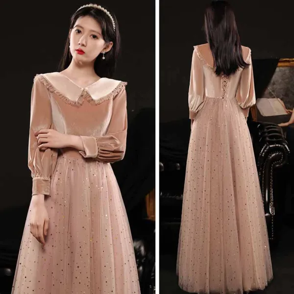 Affordable Pearl Pink Bridesmaid Dresses 2021 A-Line / Princess Backless Star Sequins Floor-Length / Long Ruffle