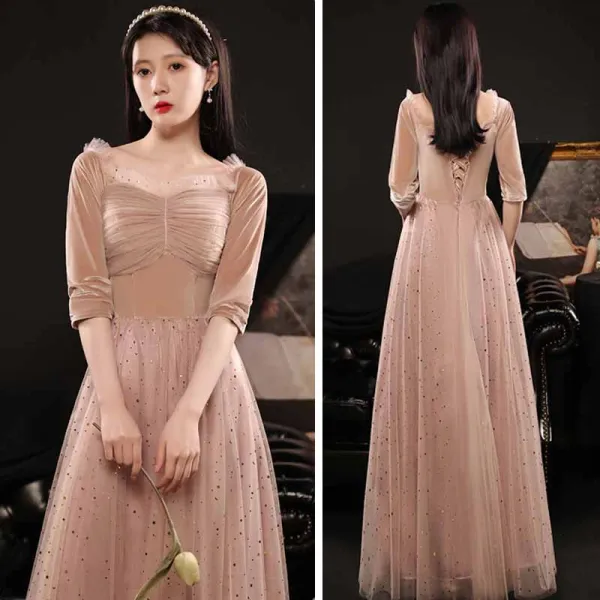 Affordable Pearl Pink Bridesmaid Dresses 2021 A-Line / Princess Backless Star Sequins Floor-Length / Long Ruffle