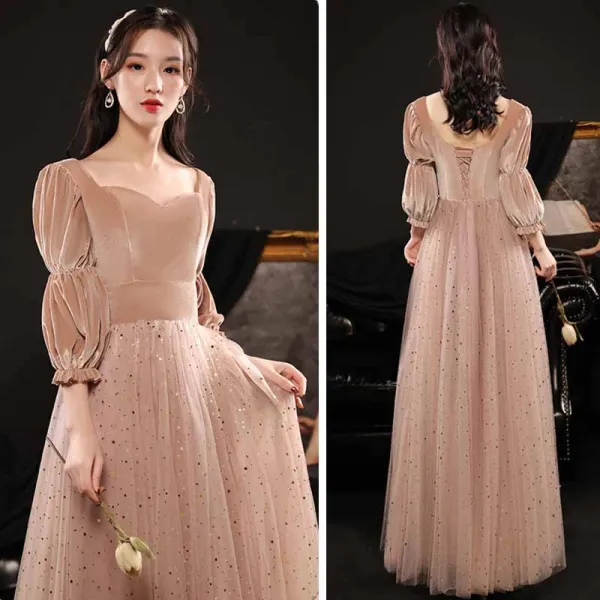 Affordable Pearl Pink Bridesmaid Dresses 2021 A-Line / Princess Backless Star Sequins Floor-Length / Long Ruffle