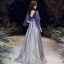 Sexy Bleu Roi Robe De Bal 2021 Princesse Col v profond Manches Courtes Appliques En Dentelle Perlage Glitter Tulle Train De Balayage Volants Dos Nu Robe De Ceremonie