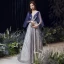 Sexy Bleu Roi Robe De Bal 2021 Princesse Col v profond Manches Courtes Appliques En Dentelle Perlage Glitter Tulle Train De Balayage Volants Dos Nu Robe De Ceremonie