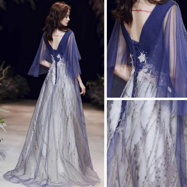 Sexy Bleu Roi Robe De Bal 2021 Princesse Col v profond Manches Courtes Appliques En Dentelle Perlage Glitter Tulle Train De Balayage Volants Dos Nu Robe De Ceremonie