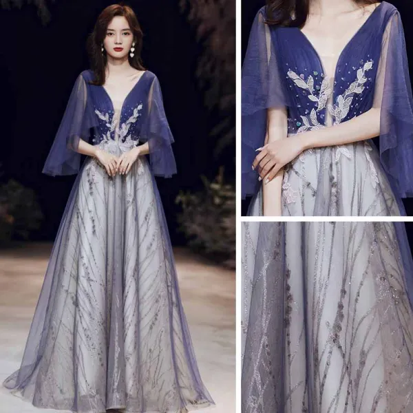 Sexy Bleu Roi Robe De Bal 2021 Princesse Col v profond Manches Courtes Appliques En Dentelle Perlage Glitter Tulle Train De Balayage Volants Dos Nu Robe De Ceremonie