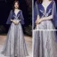 Sexy Bleu Roi Robe De Bal 2021 Princesse Col v profond Manches Courtes Appliques En Dentelle Perlage Glitter Tulle Train De Balayage Volants Dos Nu Robe De Ceremonie