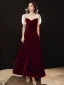 Vintage / Retro Burgundy Velour Winter Homecoming Graduation Dresses 2021 A-Line / Princess Square Neckline Puffy Short Sleeve Beading Floor-Length / Long Ruffle Backless Formal Dresses