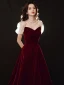 Vintage / Retro Burgundy Velour Winter Homecoming Graduation Dresses 2021 A-Line / Princess Square Neckline Puffy Short Sleeve Beading Floor-Length / Long Ruffle Backless Formal Dresses