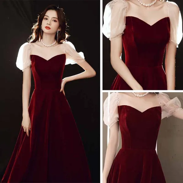 Vintage / Retro Burgundy Velour Winter Homecoming Graduation Dresses 2021 A-Line / Princess Square Neckline Puffy Short Sleeve Beading Floor-Length / Long Ruffle Backless Formal Dresses