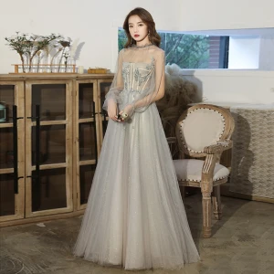 Elegant Salvie Grønn Gjennomsiktig Dancing Ballkjoler 2021 Prinsesse Høy Hals Langermede Beading Glitter Tyll Lange Buste Ryggløse Formelle Kjoler