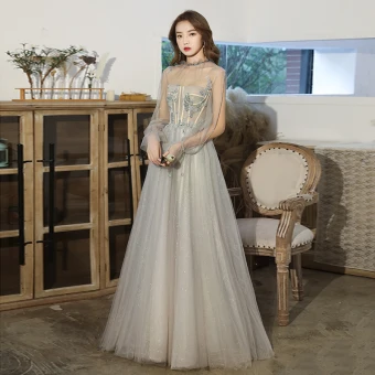 Élégant Vert Cendré Transparentes Dansant Robe De Bal 2021 Princesse Col Haut Manches Longues Perlage Glitter Tulle Longue Volants Dos Nu Robe De Ceremonie
