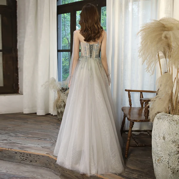 Elegant Sage Green See-through Dancing Prom Dresses 2021 A-Line / Princess High Neck Long Sleeve Beading Glitter Tulle Floor-Length / Long Ruffle Backless Formal Dresses