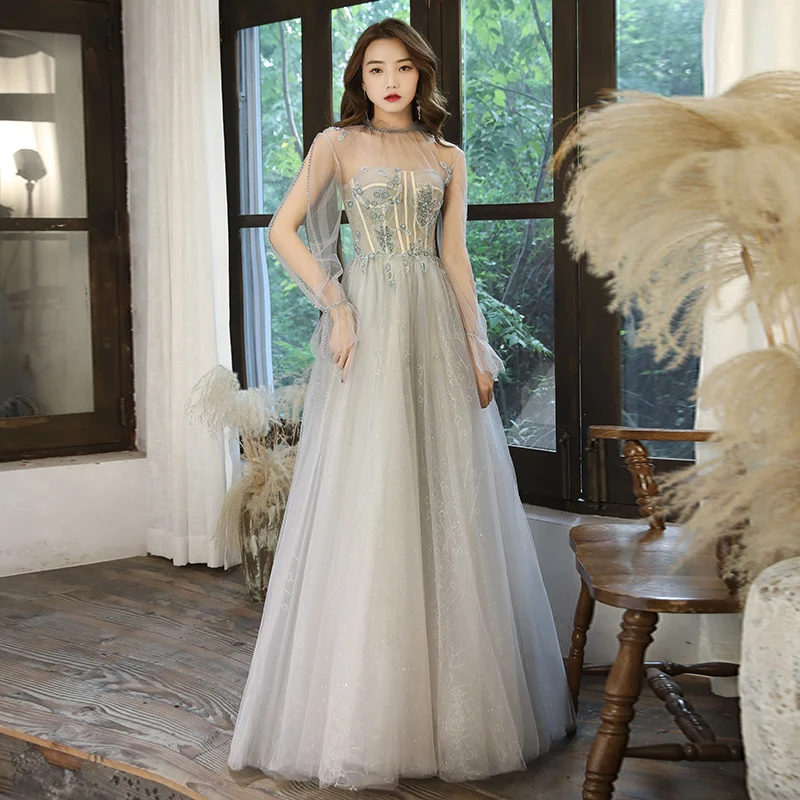 slim fit dress slacks Dark Green See Through Prom Dresses with Sleeves Illusion Neck Party Dresses ARD2498 main image 0