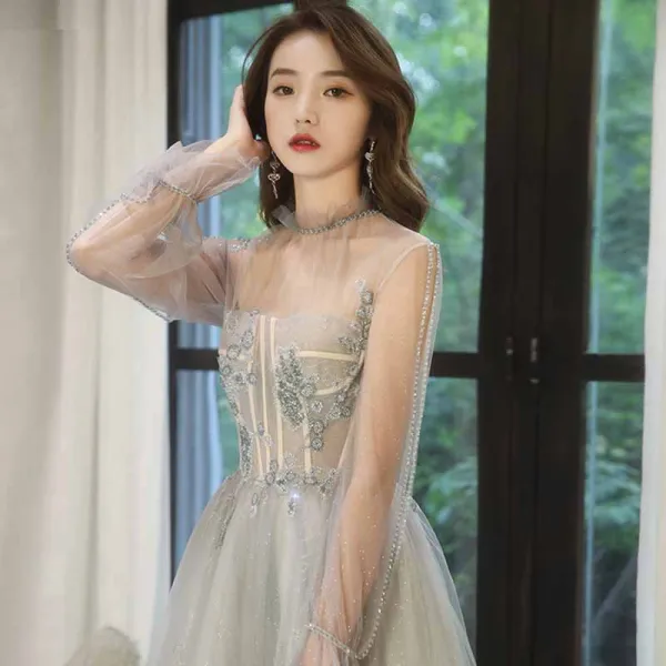 Elegant Sage Green See-through Dancing Prom Dresses 2021 A-Line / Princess High Neck Long Sleeve Beading Glitter Tulle Floor-Length / Long Ruffle Backless Formal Dresses