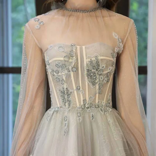 Elegant Sage Green See-through Dancing Prom Dresses 2021 A-Line / Princess High Neck Long Sleeve Beading Glitter Tulle Floor-Length / Long Ruffle Backless Formal Dresses
