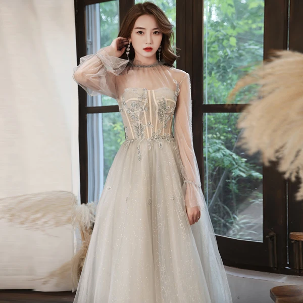 Elegant Sage Green See-through Dancing Prom Dresses 2021 A-Line / Princess High Neck Long Sleeve Beading Glitter Tulle Floor-Length / Long Ruffle Backless Formal Dresses