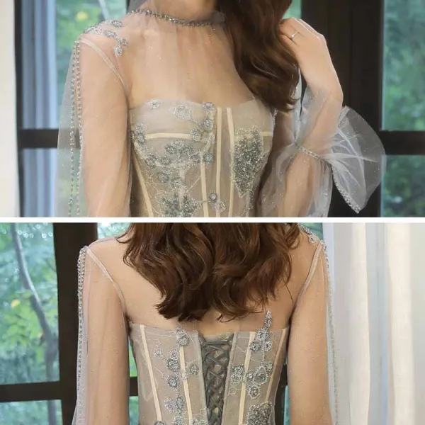 Elegant Sage Green See-through Dancing Prom Dresses 2021 A-Line / Princess High Neck Long Sleeve Beading Glitter Tulle Floor-Length / Long Ruffle Backless Formal Dresses
