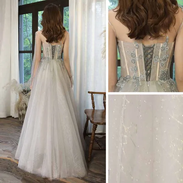 Elegant Sage Green See-through Dancing Prom Dresses 2021 A-Line / Princess High Neck Long Sleeve Beading Glitter Tulle Floor-Length / Long Ruffle Backless Formal Dresses