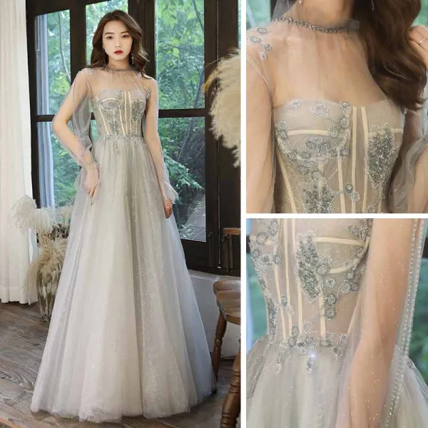 Elegant Sage Green See-through Dancing Prom Dresses 2021 A-Line / Princess High Neck Long Sleeve Beading Glitter Tulle Floor-Length / Long Ruffle Backless Formal Dresses