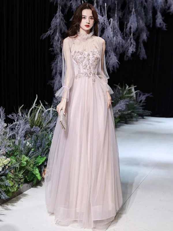 Meilleur Rougissant Rose Transparentes Dansant Robe De Bal 2021 Princesse Col Haut Manches Courtes Perlage Glitter Tulle Longue Volants Dos Nu Robe De Ceremonie