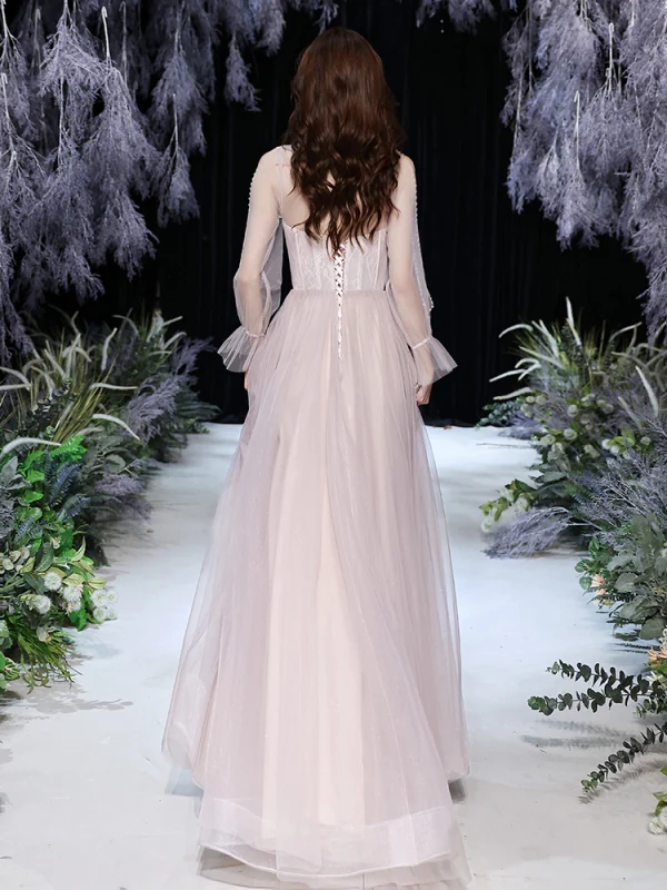 Meilleur Rougissant Rose Transparentes Dansant Robe De Bal 2021 Princesse Col Haut Manches Courtes Perlage Glitter Tulle Longue Volants Dos Nu Robe De Ceremonie