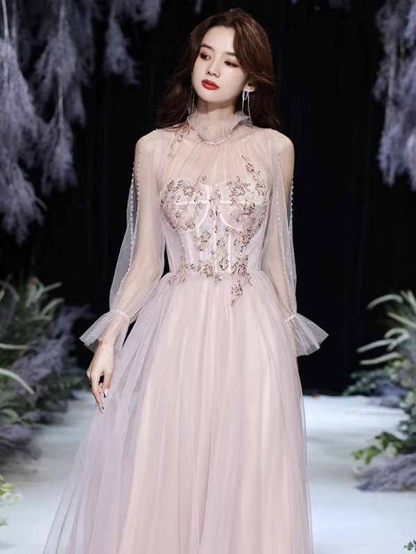 Meilleur Rougissant Rose Transparentes Dansant Robe De Bal 2021 Princesse Col Haut Manches Courtes Perlage Glitter Tulle Longue Volants Dos Nu Robe De Ceremonie