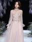 Meilleur Rougissant Rose Transparentes Dansant Robe De Bal 2021 Princesse Col Haut Manches Courtes Perlage Glitter Tulle Longue Volants Dos Nu Robe De Ceremonie