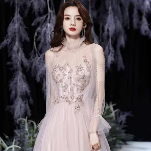 Best Blushing Pink See Through Dancing Prom Dresses 2021 A Line Princess High Neck Short Sleeve Beading Glitter Tulle Floor Length Long Ruffle Backless Formal Dresses